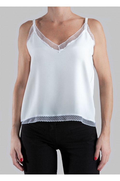 Camisa-Top blanco lencero crepé Bettina de Mujer Puntilla Escote y Bajo