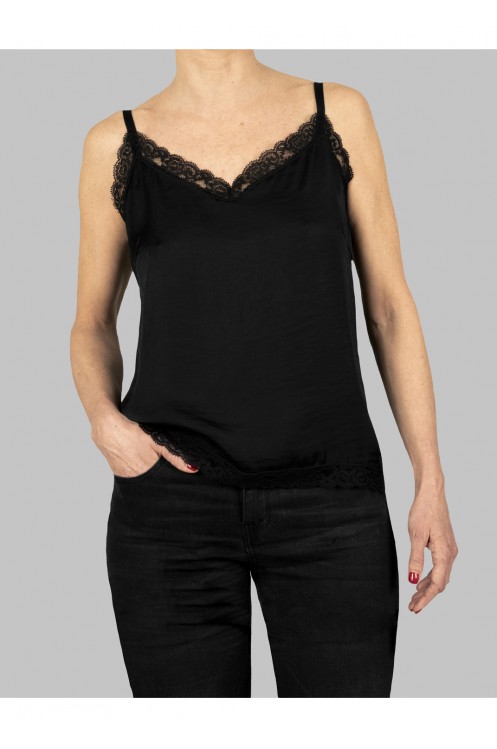 Camisa-Top Negro lencero crepé Bettina de Mujer Puntilla Escote y Bajo